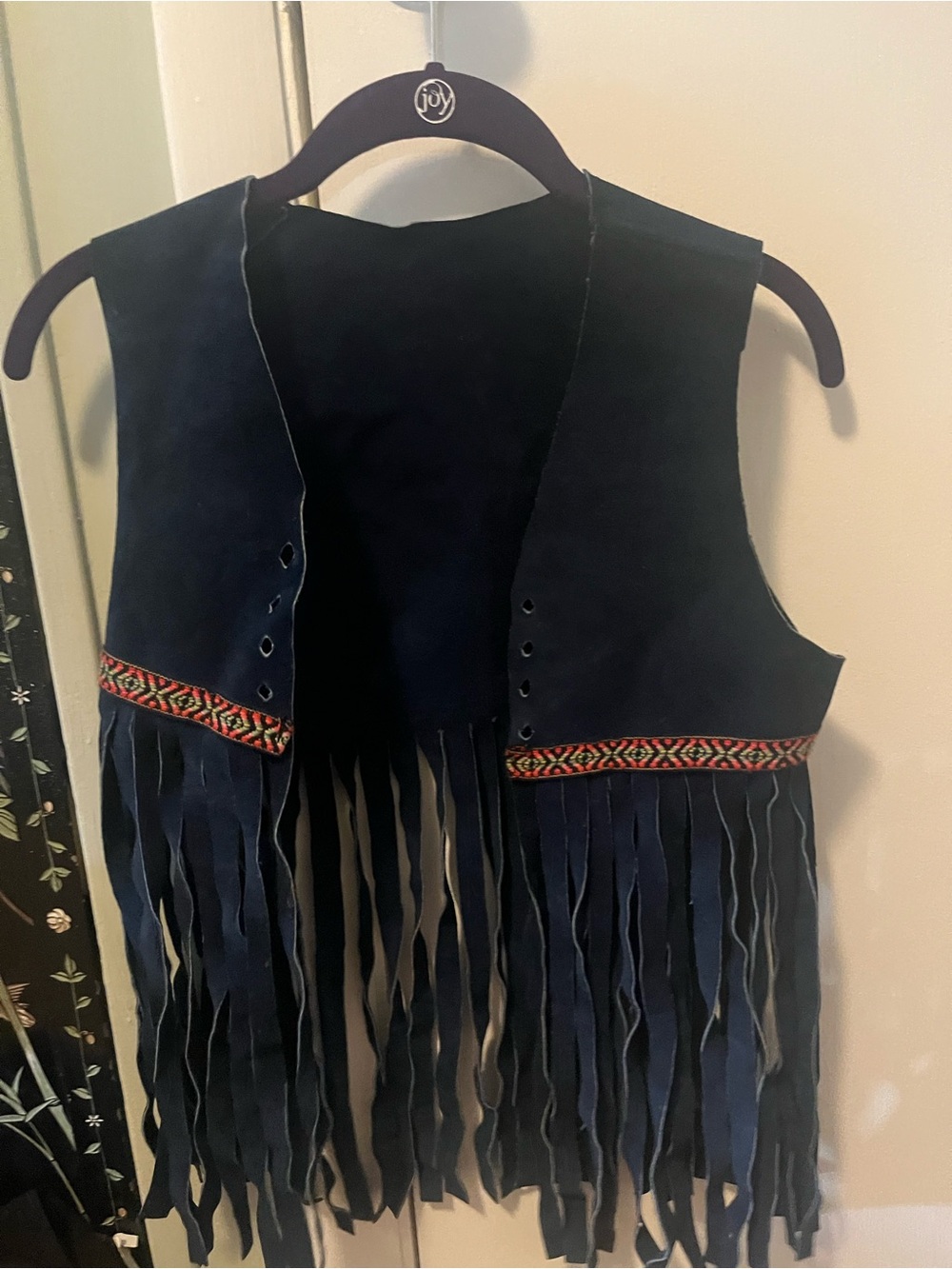 Suede Fringe Vest with Embroidered Trim - Navy